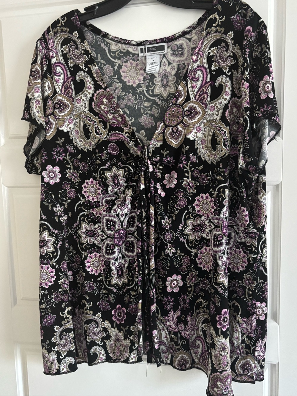 Jessica London Black Paisley Floral Tie-Front Top